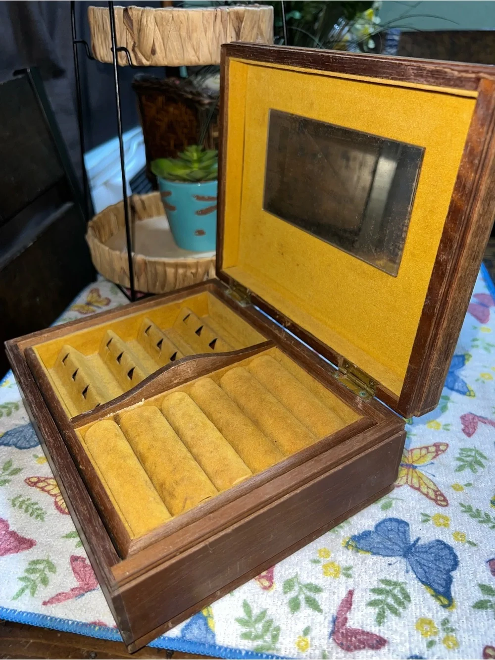 Vintage Wooden Jewelry Box Tapestry Top Yellow Velvet Lining Tray Needlepoint